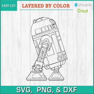Könnte beinhalten: Schwarz-weiße Strichzeichnung eines Droiden mit gewölbtem Kopf, rechteckigem Körper und zwei Beinen. Das Bild enthält den Text "EASY CUT", "LAYERED BY COLOR" und "SVG, PNG, & DXF". Die Logos von Silhouette und Cricut sind ebenfalls vorhanden.
