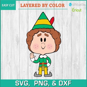 May include: A cartoon illustration of Buddy the Elf from the movie Elf. He is wearing a green and yellow hat, a green shirt, a brown belt, yellow pants, and brown shoes. He is waving with his right hand.