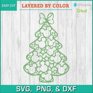 May include: Green layered SVG cut file of a Christmas tree with a bow on top. The tree is filled with Mickey Mouse heads and stars.