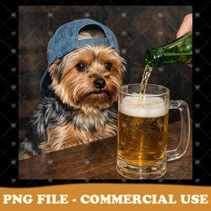 Op de afbeelding: Een Yorkshire Terrier met een blauwe denim baseball cap, kijkt naar een bierpul die wordt gevuld met bier. Het bier is amberkleurig met schuim. De afbeelding bevat de tekst "PNG FILE - COMMERCIAL USE" onderaan.