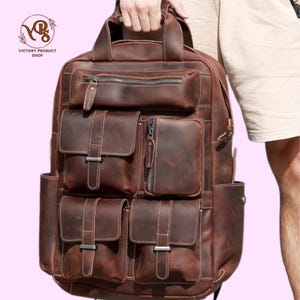 Vintage Brown Leather Backpack with Multiple Pockets