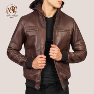 Men&#39;s Brown Leather Jacket-  Sheepskin Leather Coat-  Jacket with Detachable Hood- Fashionable Trend- Gift For Him