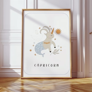 Arte de pared con el signo del zodíaco Capricornio / Arte para habitaciones infantiles y de niños / Impresión digital de astrología