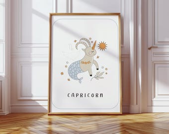 Arte de pared con el signo del zodíaco Capricornio / Arte para habitaciones infantiles y de niños / Impresión digital de astrología