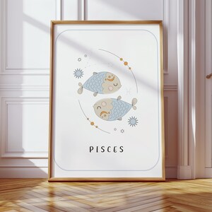 Arte de pared con el signo del zodíaco Piscis / Arte para habitaciones infantiles y de niños / Impresión digital de astrología