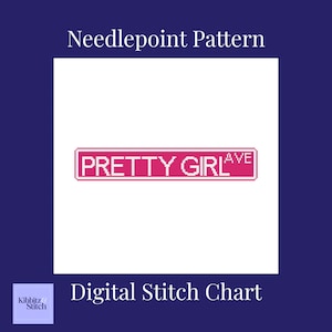May include: A digital stitch chart with a dark blue background. The image features a pink street sign that reads "PRETTY GIRL AVE" in white pixelated text. The words "Needlepoint Pattern" and "Digital Stitch Chart" are also present.