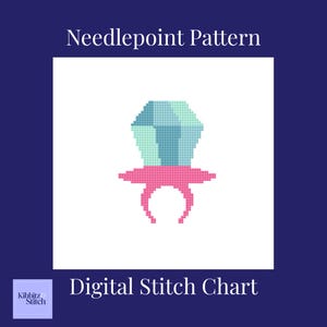 Peut inclure: Un motif de point de croix numérique représentant un bonbon bague pixelisé. Le bonbon bague a une base rose et un joyau bleu clair et vert. Le texte "Needlepoint Pattern" et "Digital Stitch Chart" sont affichés.