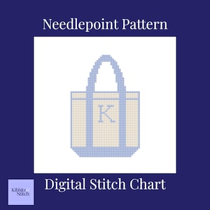 May include: Digital needlepoint pattern featuring a tote bag design. The bag is light blue and cream-colored, with the letter "K" in the center. The words "Needlepoint Pattern" and "Digital Stitch Chart" are displayed in white text.