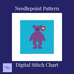 Peut inclure: Motif de point de croix numérique représentant un ours violet avec une étiquette rouge en forme de cœur. L'ours est sur un fond bleu, entouré d'une bordure blanche. Le texte indique "Needlepoint Pattern" et "Digital Stitch Chart".