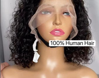Curly Bob Wig Human Hair Wig for Black Women Glueless Lace Frontal 12 inches