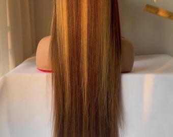 Brown and Honey Blonde Highlight Wig, Straight Lace Front Human Hair Wig, Glueless, Natural Hairline, Ready To Go Wig, Wig For Women, 13x4