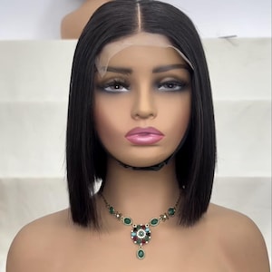Black Human Hair Lace Front Wig For Black Women Natural Black Wig Real Hair Short Bob Wig Frontal Lace Straight Side Part Wig 12 inches