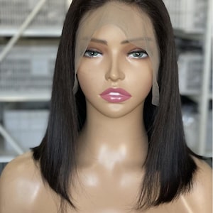 Black Human Hair Lace Front Wig For Black Women Natural Black Wig Real Hair Short Bob Wig Frontal Lace Straight Side Part Wig 14 inches