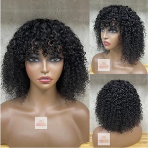 Curly Bob Wig with Bangs Fringe Human Hair Wig for Black Women Glueless Wear and Go 14 inches
