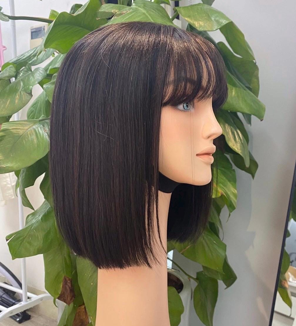 Perruque Carré Femme Châtain Court - Cheveux Lisse Synthétique Avec Frange - Bonnet Moyen