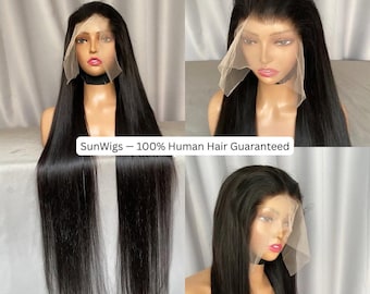 Natural Black Silk Straight Lace Front Human Hair Wigs Brazilian Remy Hair Glueless Transparent HD Lace Frontal Wig For Women