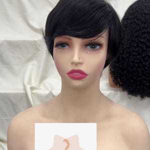 100%Human Hair Pixie Short Full Cap Wig with Bangs Black Natural Looking Ready to Wear Wigs for Women