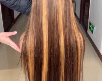 Brown and Honey Blonde Highlight Wig, Straight Lace Front Human Hair Wig, Glueless, Natural Hairline, Ready To Go Wig, Wig For Women, 13x4