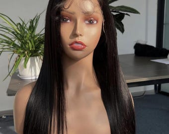 Black Silk Straight Lace Front Human Hair Wigs Brazilian Remy Raw Hair Glueless Transparent HD Lace Frontal Wig For Women