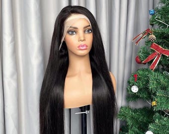 Natural Black Silk Straight Lace Front Human Hair Wigs Brazilian Remy Hair Glueless Transparent HD Lace Frontal Wig For Women