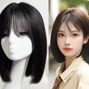 完全に接着剤不要のナチュラルブラック#4ブラウンフリンジボブ人毛ウィッグ、100%生毛、手結び、ナチュラル、通気性