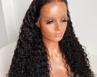 Water Curly Human Hair Wig: Black Wet Look Lace Front Wig