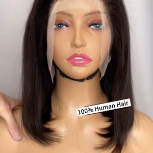 Black Human Hair Lace Front Wig For Black Women Natural Black Wig Real Hair Short Bob Wig Frontal Lace Straight Side Part Wig 12 inches