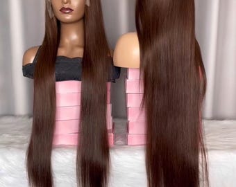 Brown Silk Straight Lace Front Human Hair Wigs Brazilian Remy Hair Glueless Transparent HD Lace Frontal Wig For Women