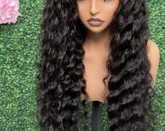 Black Curly Human Hair Wig Deep Wave Lace Front Wig 13x4 Lace Frontal