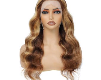 Highlights Human Hair Wig, Brazilian Human Hair Wig, Ash Blonde Brown, 13x4 Inch Frontal Lace. 180% Density, Body Waves, Human Hair Wig