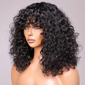 Curly Bob Wig with Bangs Fringe Human Hair Wig for Black Women Glueless Wear and Go 14 inches