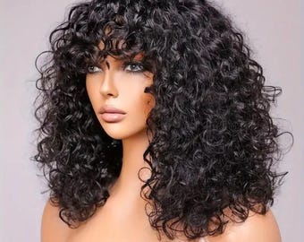 Curly Bob Wig with Bangs Fringe Human Hair Wig for Black Women Glueless Wear and Go 14 inches