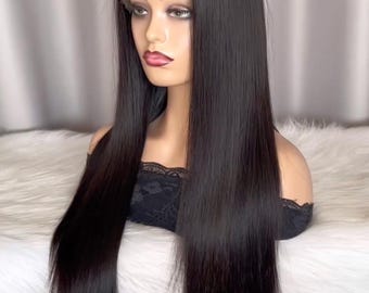 Natural Black Silk Straight Lace Front Human Hair Wigs Brazilian Remy Hair Glueless Transparent HD Lace Frontal Wig For Women
