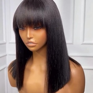 fringe bob wig human hair with bangs 4x4 closure wig HD Lace Glueless Wear and Go Natural Black Color For Black Women 16inch