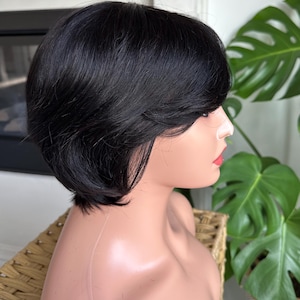 100%Human Hair Pixie Short Full Cap Wig with Bangs Black Natural Looking Ready to Wear Wigs for Women