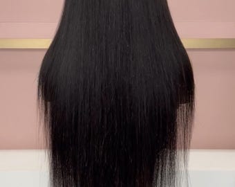 Peluca de cabello humano negro de 30", encaje frontal HD, sin pegamento