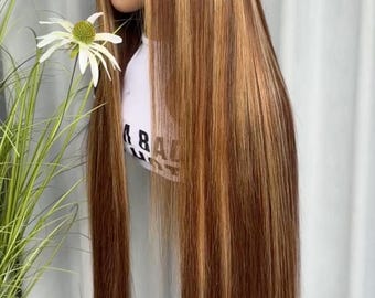 Brown and Honey Blonde Highlight Wig, Straight Lace Front Human Hair Wig, Glueless, Natural Hairline, Ready To Go Wig, Wig For Women, 13x4