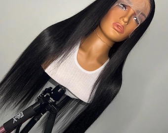Natural Black Silk Straight Lace Front Human Hair Wigs Brazilian Remy Hair Glueless Transparent HD Lace Frontal Wig For Women
