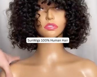 Curly Bob Wig with Bangs: Glueless Human Hair, 14 Inches