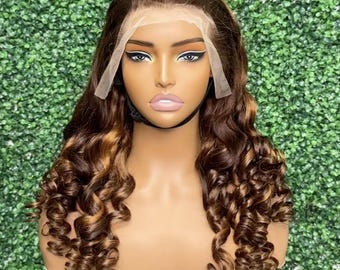 Brazilian Human Hair Wig, highlight Blonde Brown color, Wavy, 13x4 Lace Frontal