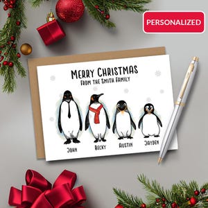 Tarjeta navideña familiar / Paquete de tarjetas navideñas de pingüino personalizadas, ilustradas a mano, ella, él, esposo, esposa, hijos / A7 5x7 / A2 4.25x5.5