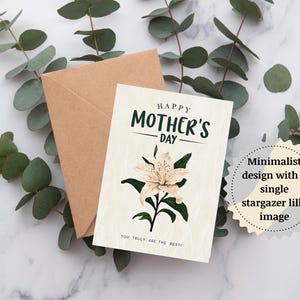 Happy Mother's Day Card, Aesthetic Minimalist Stargazer Lily Flower Printable Greeting Card,  Heartfelt Watercolor Floral Gift for Mom