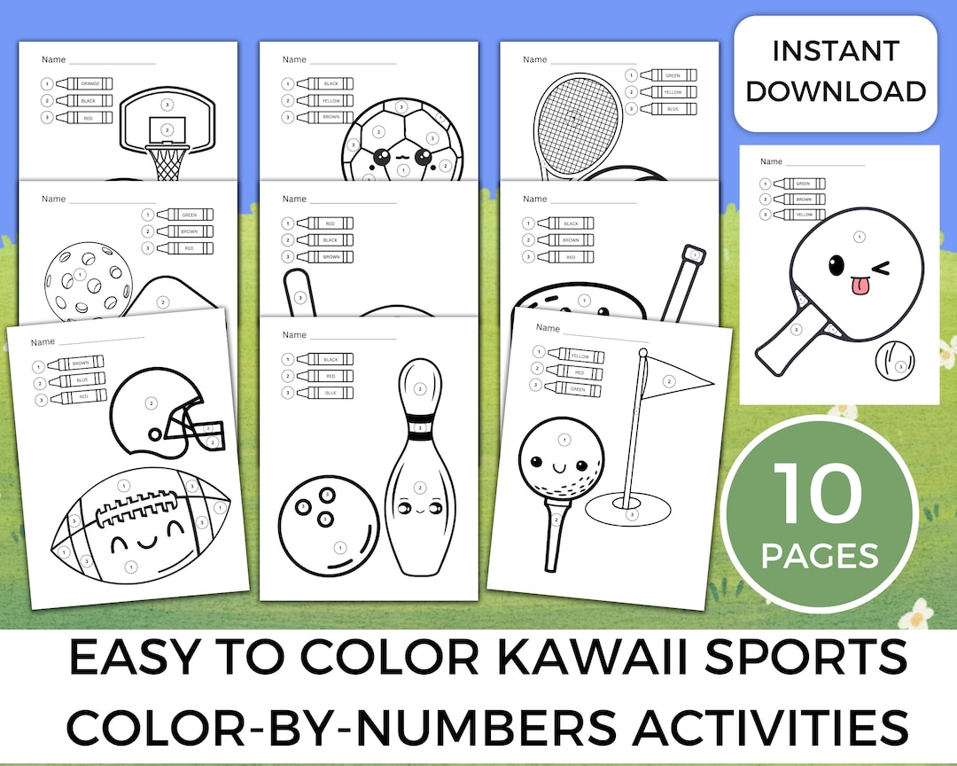 Kawaii Sports Color by Number Pages | Easy Printable Activity for Kids ...