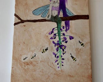 Fairy sitting on a tree original acrylic painting - 11x14 inch - fairycore