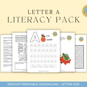 Paquete imprimible de alfabetización de la letra A / Hojas de trabajo del alfabeto para preescolar y prejardín de infantes / Actividades de fonética, rastreo y reconocimiento de letras