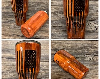 Wood grain tumbler with Riffle Flag