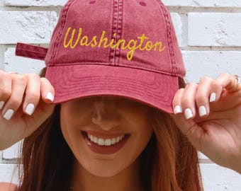 Vintage Washington Embroidered Cap: Distressed Maroon Cotton Dad Hat