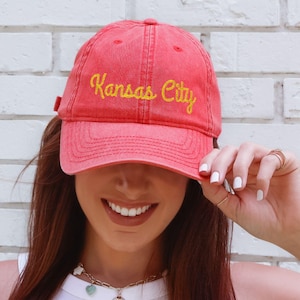 Vintage Kansas City Embroidered Cap, Retro KC Sports Hat, Kansas City Football Fan Gift, Distressed Dad Hat, Adjustable Ball Cap, Red Cap