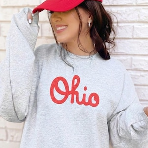 May include: A light gray sweatshirt with the word "Ohio" in red script. The person is wearing a red and white trucker hat. The background is a white brick wall.