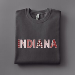 May include: A dark grey sweatshirt with the word "INDIANA" across the front. The letters are a mix of red and white patterns, including stripes, polka dots, and plaid. The sweatshirt is neatly folded.